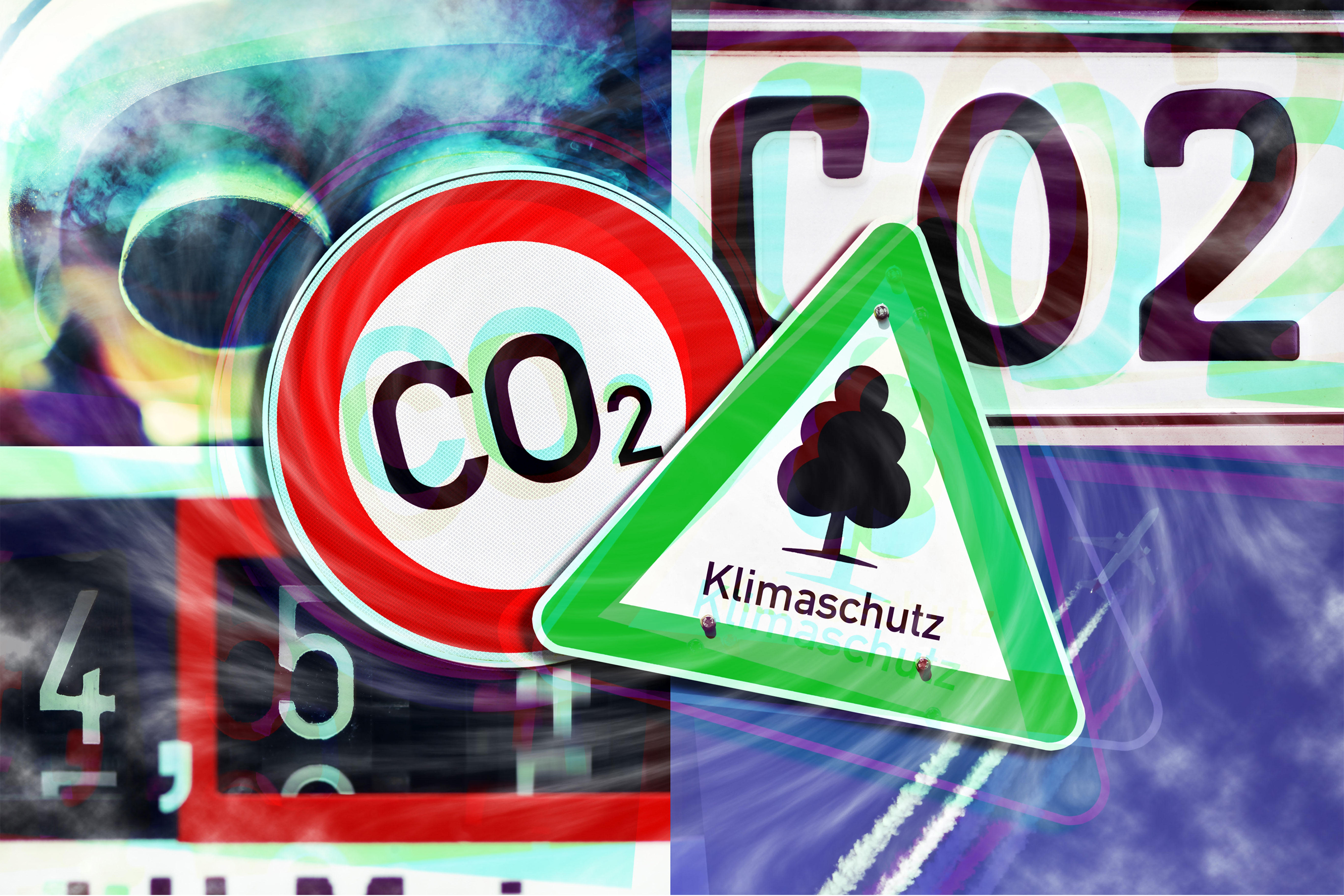 Autoauspuff, CO2-Nummernschild, Heizungszähler, Flugzeug mit Kondensstreifen und Klimaschutz-Schild und CO2-Verbotsschild, Symbolfoto CO2-Steuer 