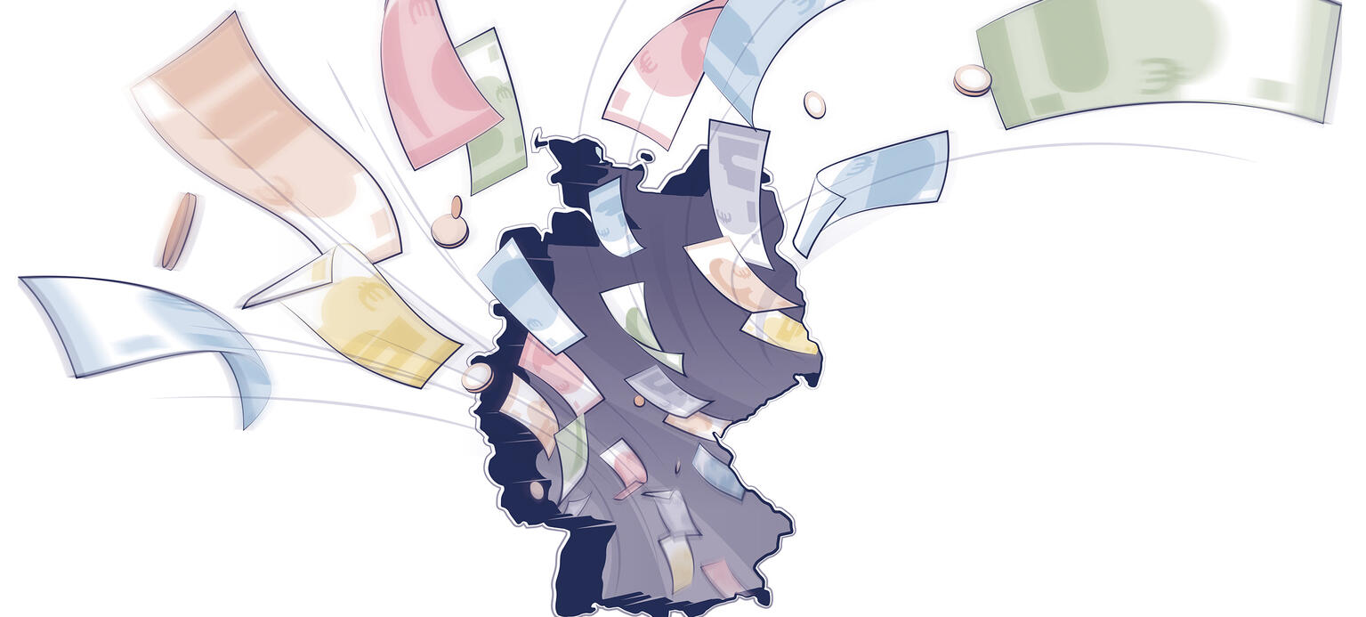 Illustration zum Investitionsbedarf: Deutschlandkarte auf die von oben Geldscheine und Münzen herabregnen