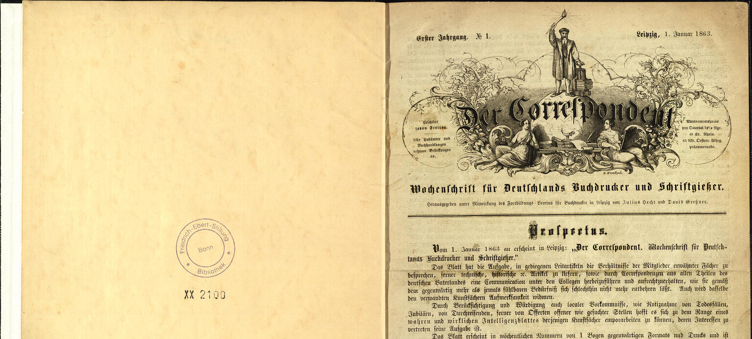 Für uns heute sieht der „Correspondent“ nicht aus wie ein politisches Blatt. Tatsächlich wirbt die Zeitung der Buchdrucker für die gewerkschaftliche Organisation.