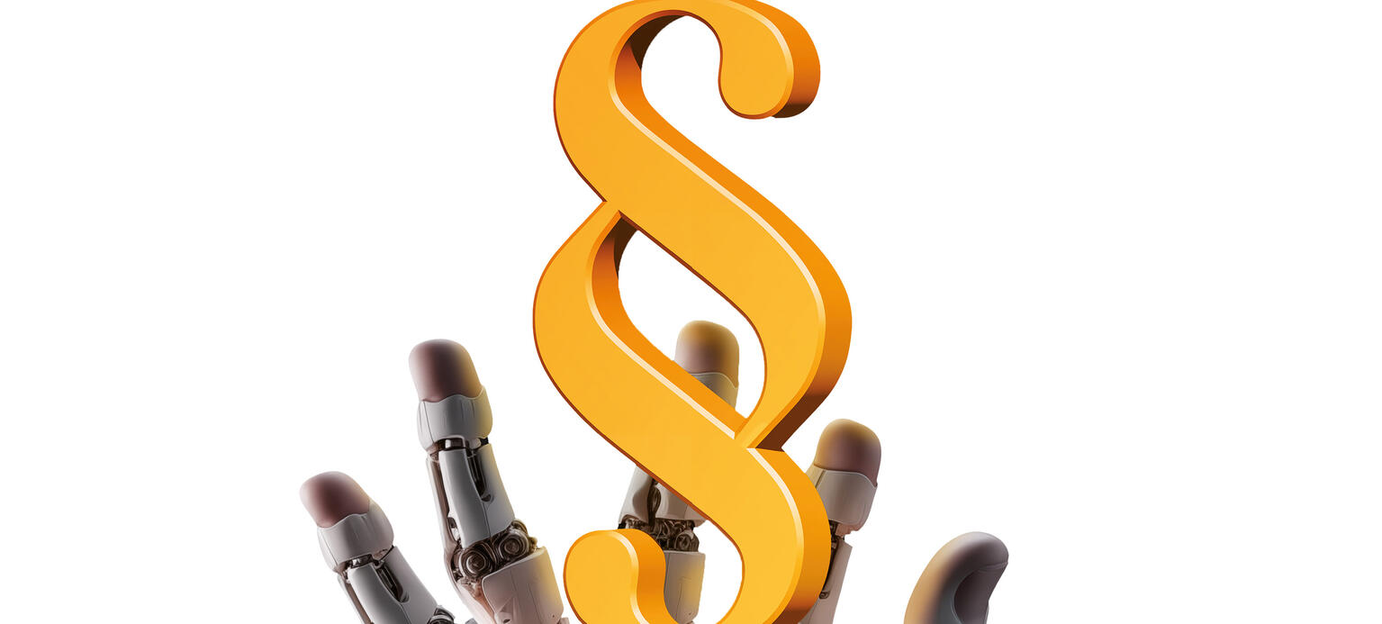 Symbolbild KI in der Rechtsprechung - Roboterhand mit Paragraphenzeichen