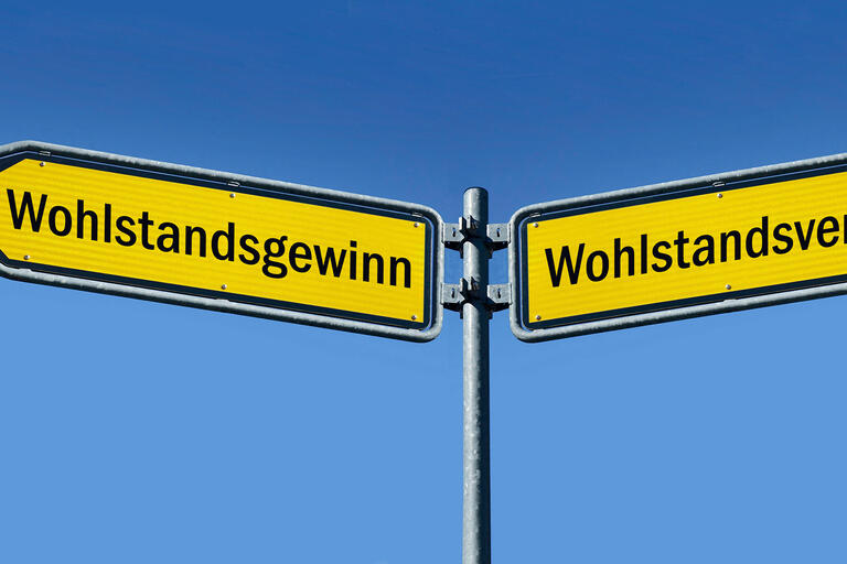  In zwei Richtungen zeigen Wegweiser mit den Schriftzuegen Wohlstandsgewinn und Wohlstandsverlust.