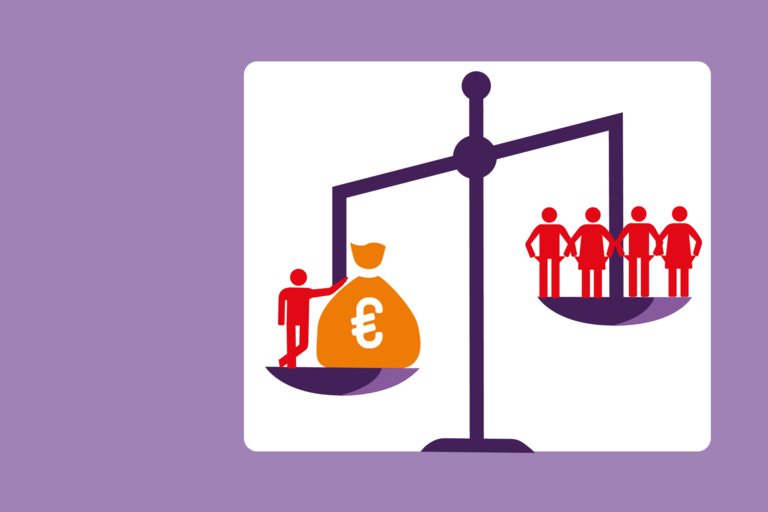 Personen auf einer Waage. Die Grafik zeigt an, dass Einkommen ungleich verteilt ist.