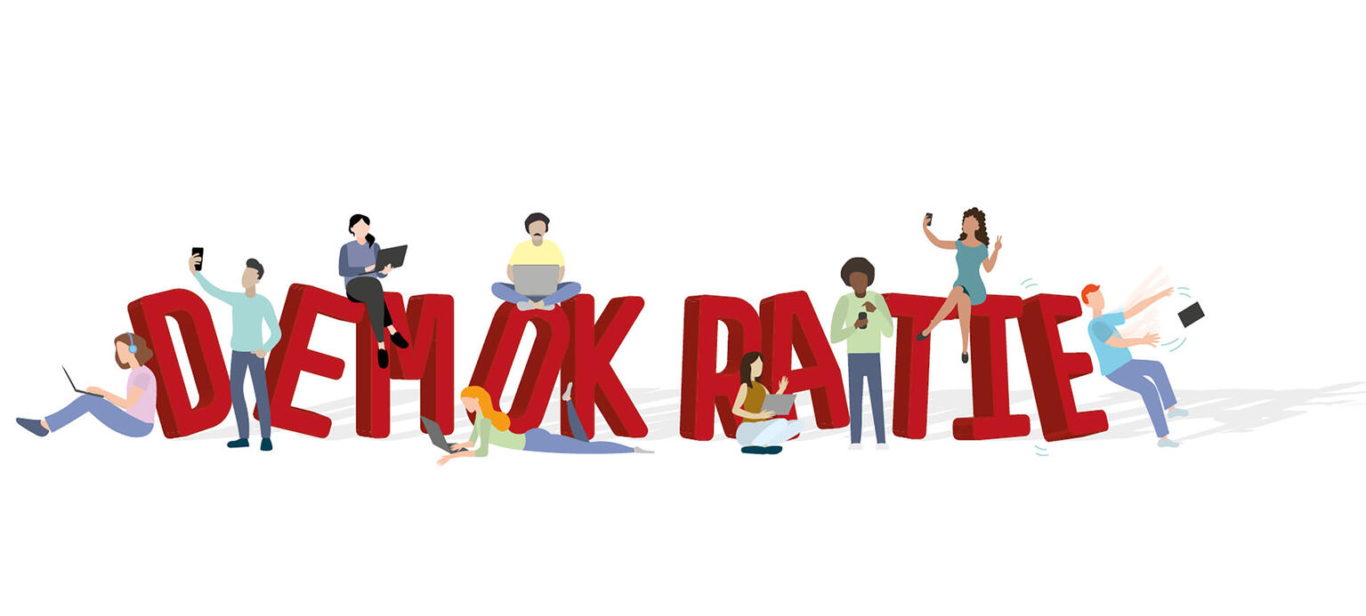 Illustration mit dem Schriftzug Demokratie