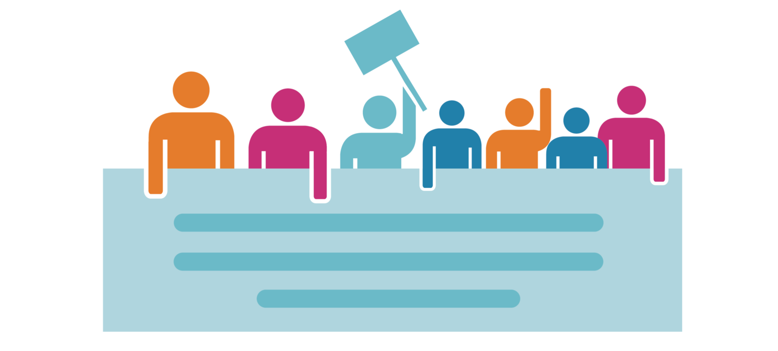 Piktogramm: Mehrere Personen befinden sich hinter einem Banner, eine hält ein Plakat, eine andere hat den Arm gehoben