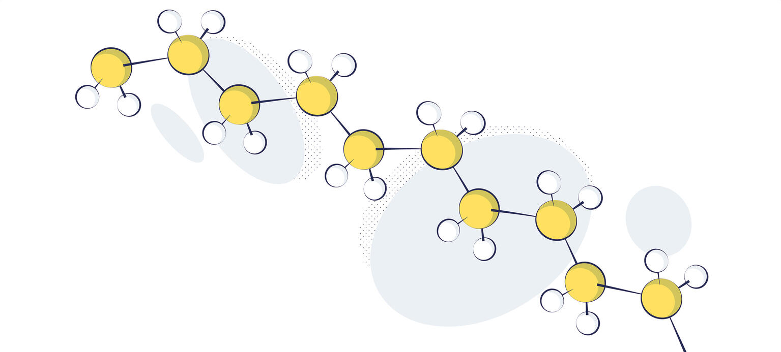 Kohlenstoff- und Wasserstoffatome bilden die Riesenmoleküle des Polyethylens, einem beliebten Alltagskunststoff.