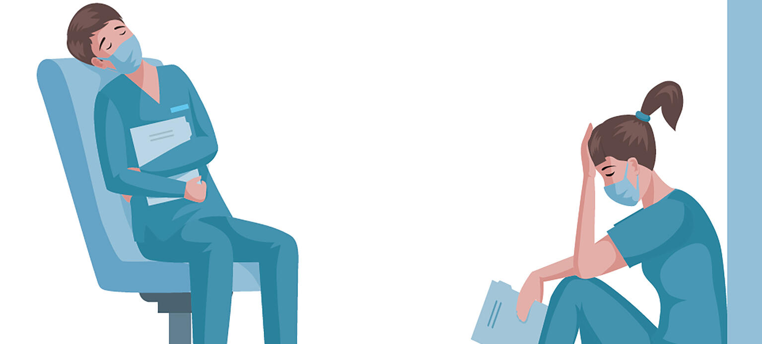 Illustration zweier erschöpfter Pflegekräfte