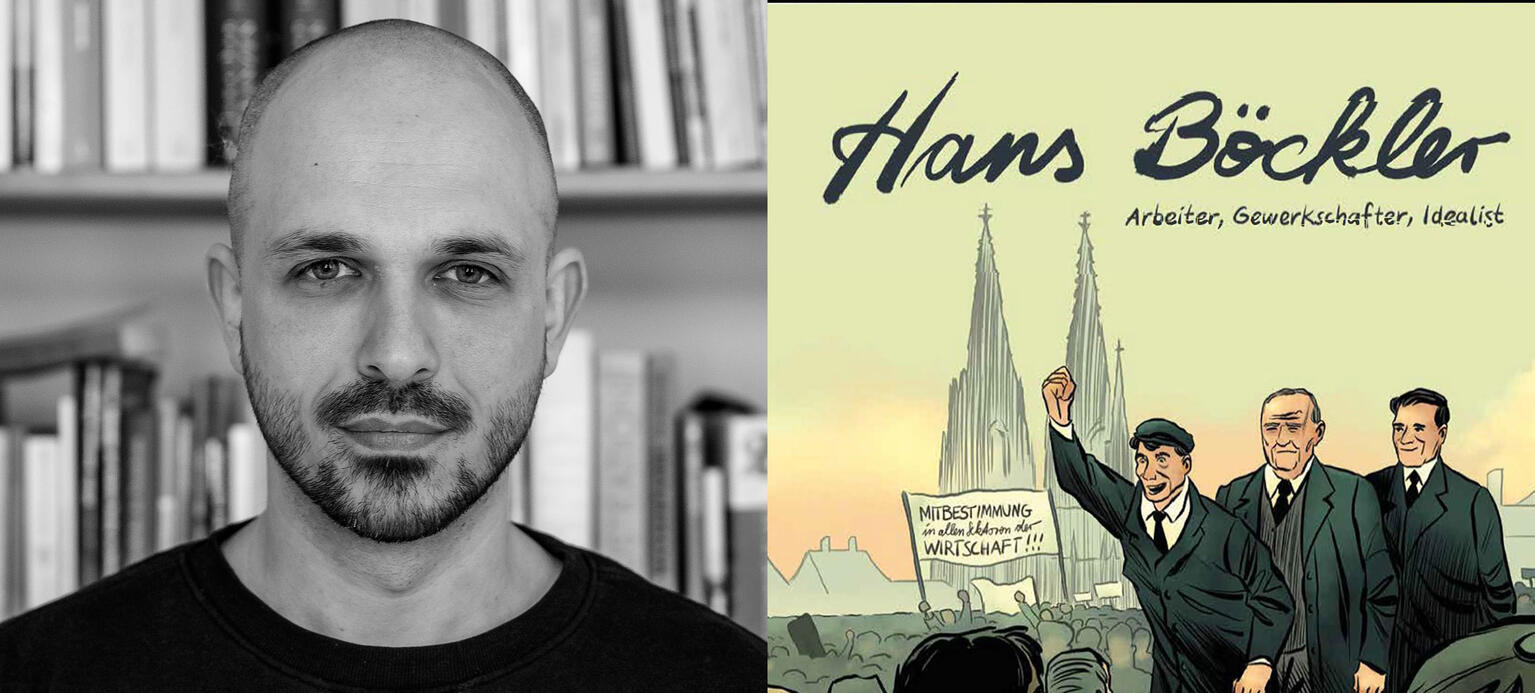 SW-Porträt des Zeichners Matthias Lehmann (l.) und Cover graphic story zu Hans Böckler