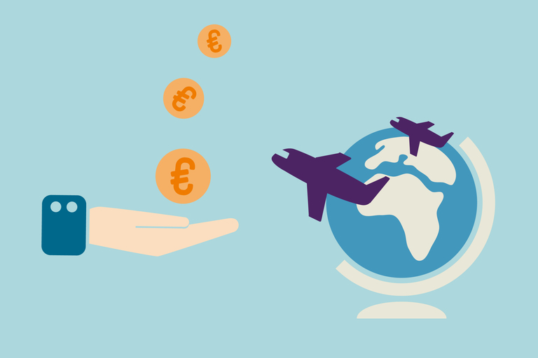 Symbolbild: Euro-Münzen oberhalb einer ausgestreckten Hand, zwei Flugzeuge vor einemn Globus