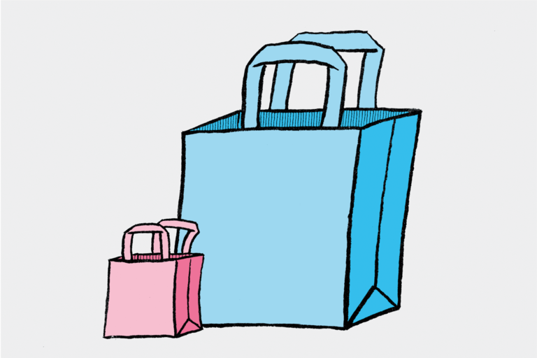 Karikatur: Eine kleine Lohntüte für Frauen, eine große für Männer