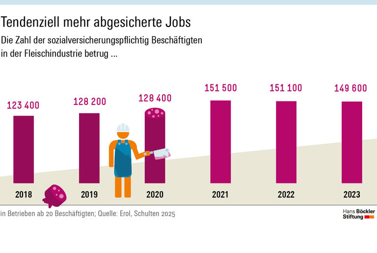 Infografik: Mit dem Arbeitsschutzkontrollgesetz Anfang 2021 wurden Werkverträge in den Kernbereichen der Fleischindustrie verboten. Fast alle ehemaligen Werkvertragsbeschäftigten wurden daraufhin von den Betrieben übernommen. Nach Angaben des Statistischen Bundesamtes stieg die Zahl der sozialversicherungspflichtig Beschäftigten in der Branche innerhalb nur eines Jahres um 18 Prozent von 128400 im Jahr 2020 auf 151500 im Jahr 2021.