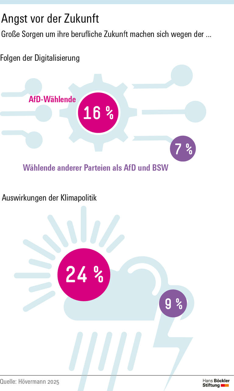 AfD-Wählende fürchten sich überdurchschnittlich oft vor den Folgen von Klimapolitik und Digitalisierung für ihre berufliche Zukunft.