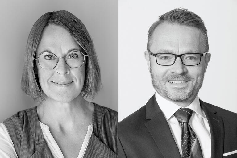 Schwarz-weiß Porträts von Christina Schildmann, Leiterin der Forschungsförderung der Hans-Böckler-Stiftung (l.) Matthias Warneke, Leiter des Deutschen Steuerzahlerinstituts des Bundes der Steuerzahler. (r.)